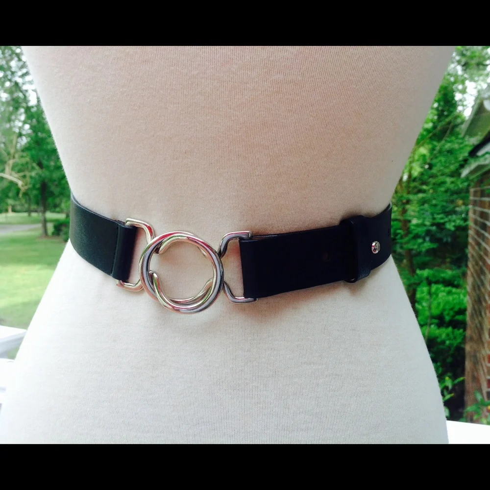 Talbots Black Leather Belt Silver Buckle Lock
